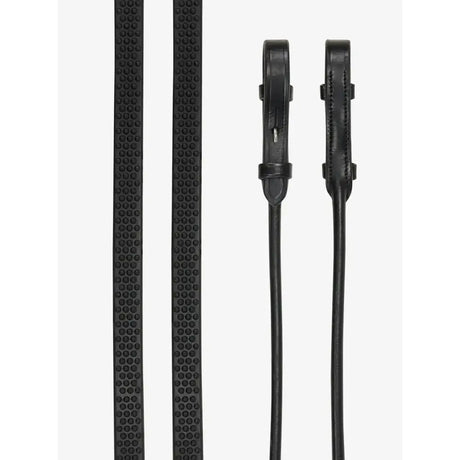 Black leather lemieux rolled reins with dotted texture and silver metal buckle for elegant black silver look