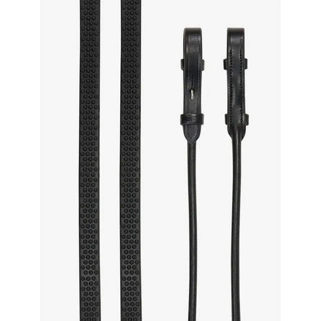 Black leather lemieux rolled reins with dotted texture and silver metal buckle for elegant black silver look