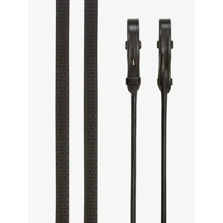 Lemiuex rolled reins in brown silver leather with embossed text and a sturdy buckle for elegant rolled bridle use