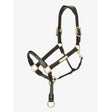 Black leather lemieux rope control headcollar with gold hardware and green braided lead rope for lively horses