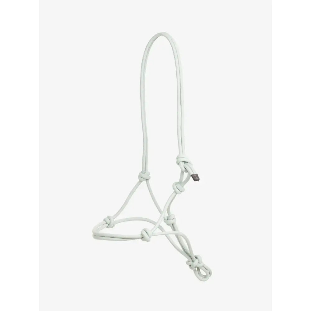 White leather lemieux rope halter aqua with adjustable knots and metal buckle for comfortable horse use
