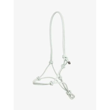 White leather lemieux rope halter aqua with adjustable knots and metal buckle for comfortable horse use