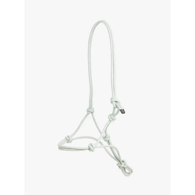 White leather lemieux rope halter aqua with adjustable knots and metal buckle for comfortable horse use