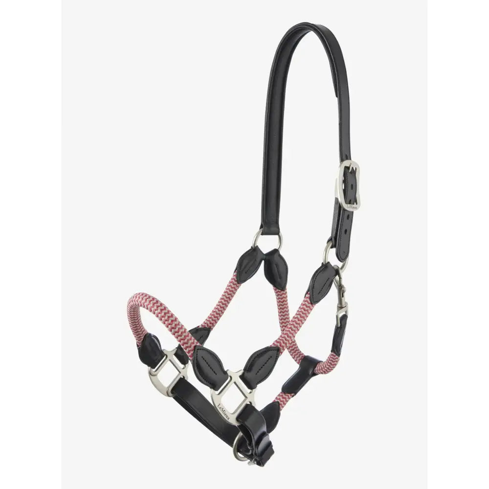 Black leather and pink braided rope lemieux ropella headcollar with silver hardware in ropella headcollar cranberry style