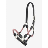Black leather and pink braided rope lemieux ropella headcollar with silver hardware in ropella headcollar cranberry style