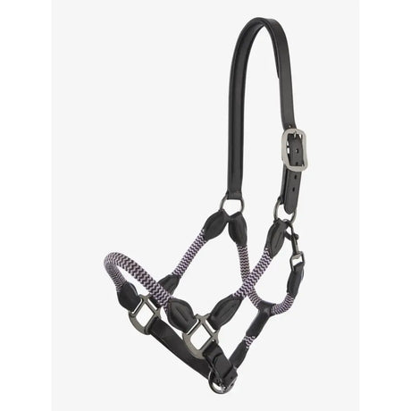 Black leather lemieux ropella headcollar with silver hardware and braided gray and white rope section lilac style