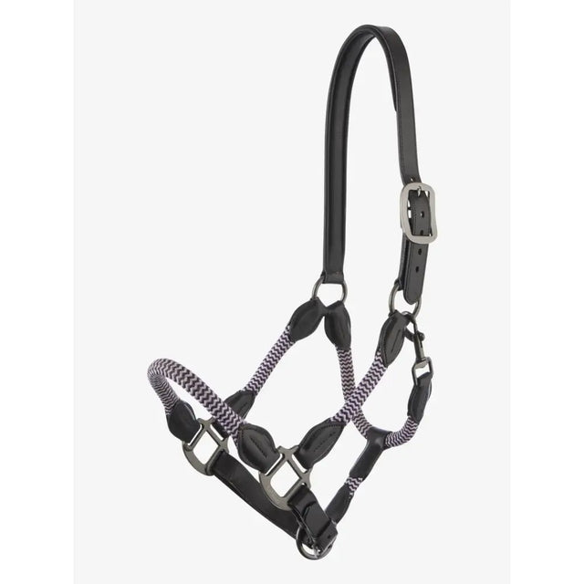 Black leather lemieux ropella headcollar with silver hardware and braided gray and white rope section lilac style