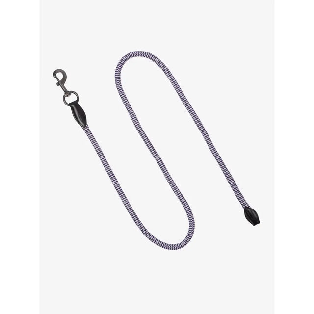 Gray and black braided rope leash with metal clasp and black plastic end cap from lemieux ropella leadrope lilac