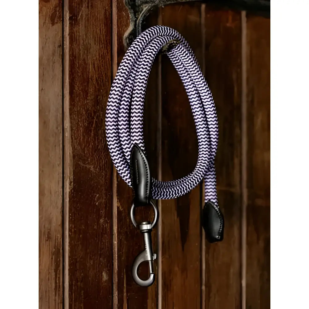 Purple and white zigzag ropella leadrope lilac with black leather ends and silver clasp by lemieux ropella