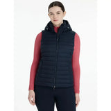 Navy blue quilted lemieux rose hooded puffer gilet with front zipper and snap buttons on hood for easy layering