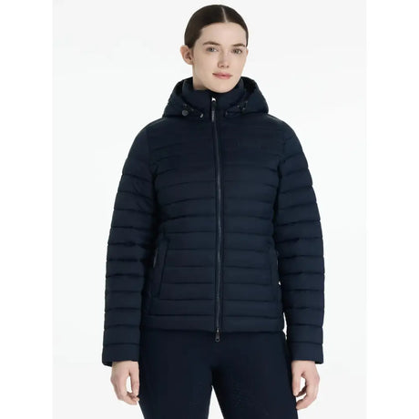Navy blue quilted lemieux rose hooded puffer jacket with warm insulation perfect for cold weather wear