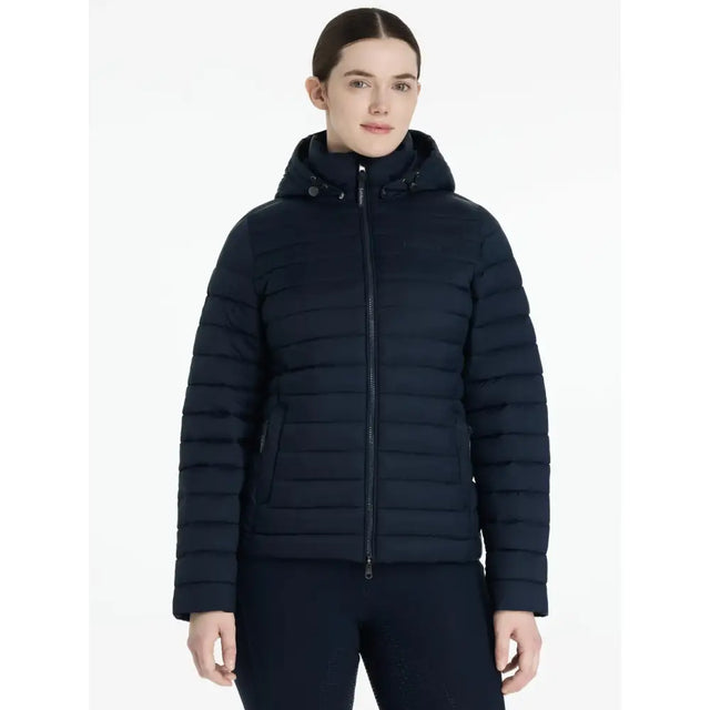 Navy blue quilted lemieux rose hooded puffer jacket with cozy hood perfect for cold weather layering