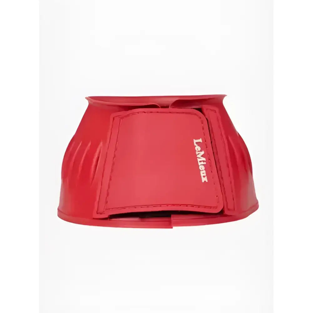 Red lemieux rubber bell boots coral with textured ribbed exterior and stitched flap closure for horse hooves