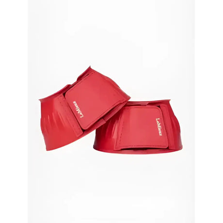 Red leather lemieux rubber bell boots coral with glossy finish and embossed branding for horse hoof protection