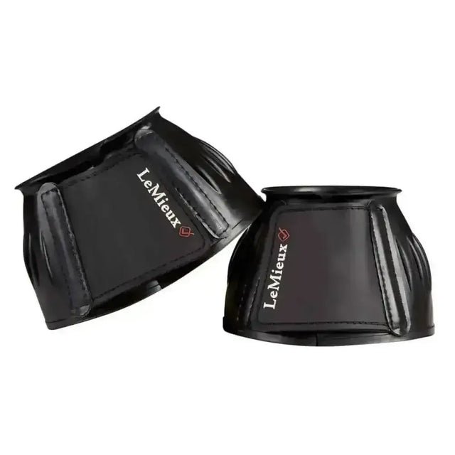 Black lemieux rubber bell over reach boots with glossy durable material and subtle stitching detail for horses