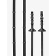 Black leather lemieux rubber grip continental reins with adjustable buckles and triangular end piece in black silver