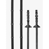 Black leather lemieux rubber grip continental reins with adjustable buckles and triangular end piece in black silver