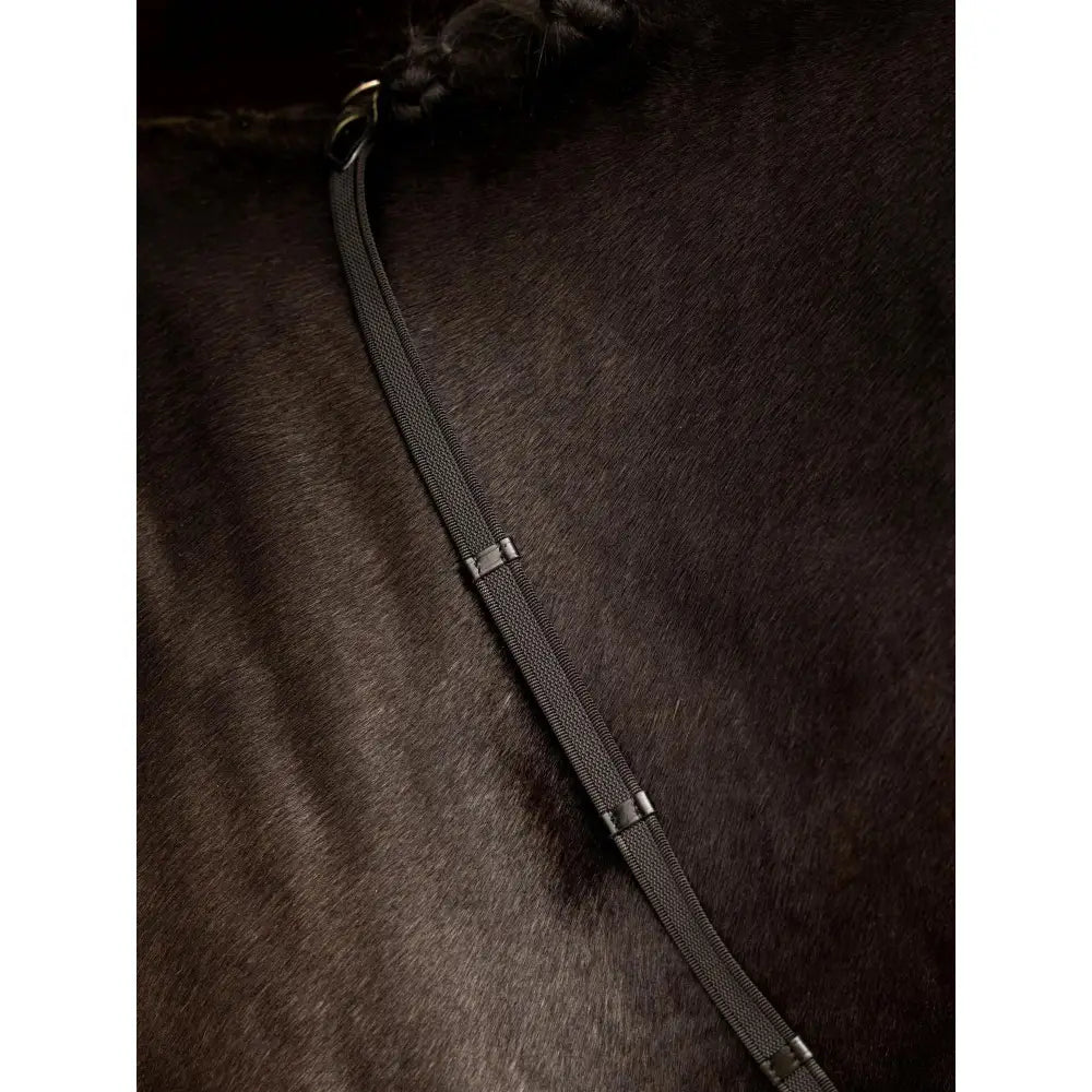 Black woven horse bridle strap with silver buckles paired with lemieux rubber grip continental reins brown brass