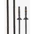 Brown brass lemieux rubber grip continental reins made of leather with brass buckles and triangular ends for riding