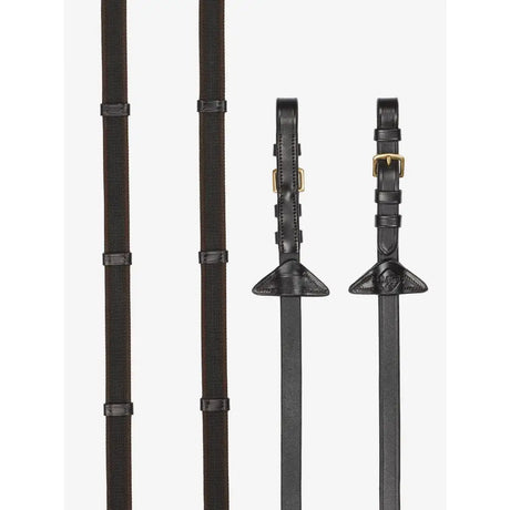 Brown brass lemieux rubber grip continental reins made of leather with brass buckles and triangular ends for riding