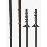 Black leather lemieux rubber grip continental reins with brown silver buckles and triangular end pieces