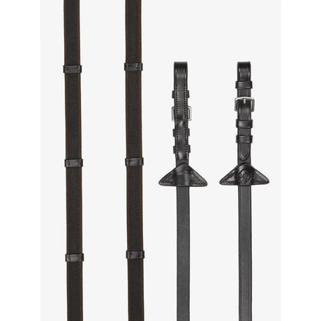 Black leather lemieux rubber grip continental reins with brown silver buckles and triangular end pieces