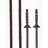 Black leather riding crop with silver buckle and decorative stitching for lemieux rubber grip continental reins havana