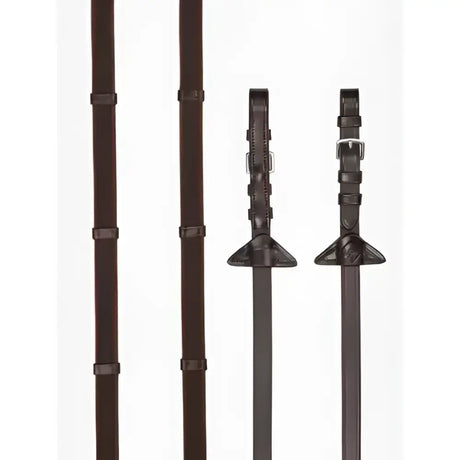 Black leather riding crop with silver buckle and decorative stitching for lemieux rubber grip continental reins havana