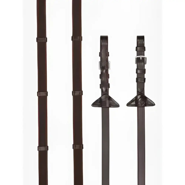 Black leather riding crop with silver buckle and decorative stitching for lemieux rubber grip continental reins havana