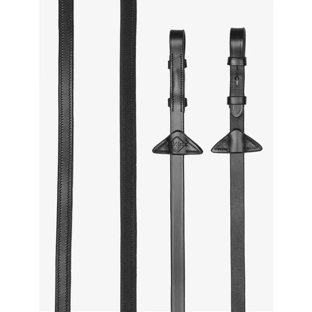 Black leather lemieux rubber half lined reins with stitched edges and triangular silver buckles for riding use