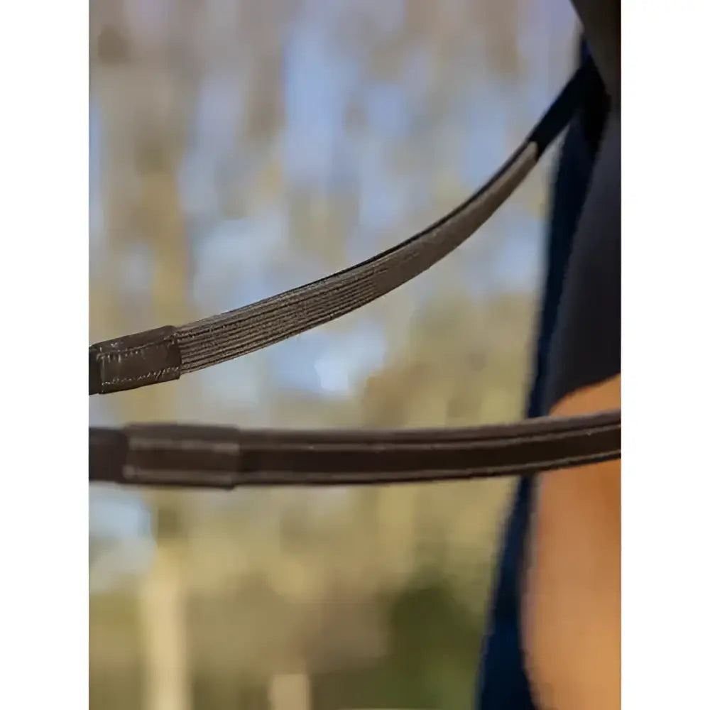Black leather lemieux rubber half-lined reins strap with reinforced stitching and smooth durable brown finish