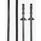 Black leather lemieux rubber half-lined reins with stitched edges and brass triangular buckles for riding use