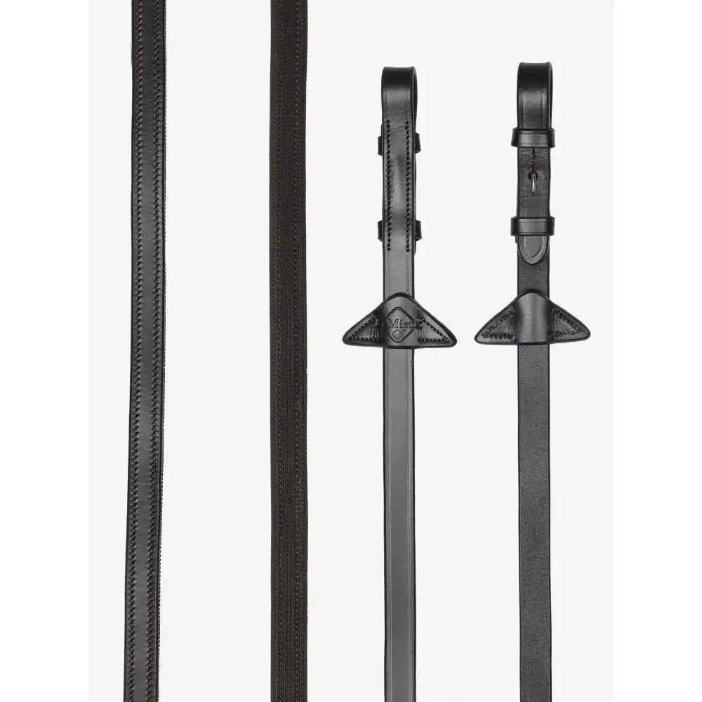 Black leather lemieux rubber half-lined reins brown with stitched edges and triangular silver metal buckles
