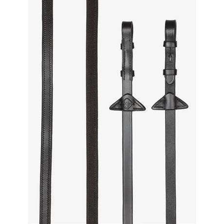 Black leather lemieux rubber half-lined reins brown with stitched edges and triangular silver metal buckles