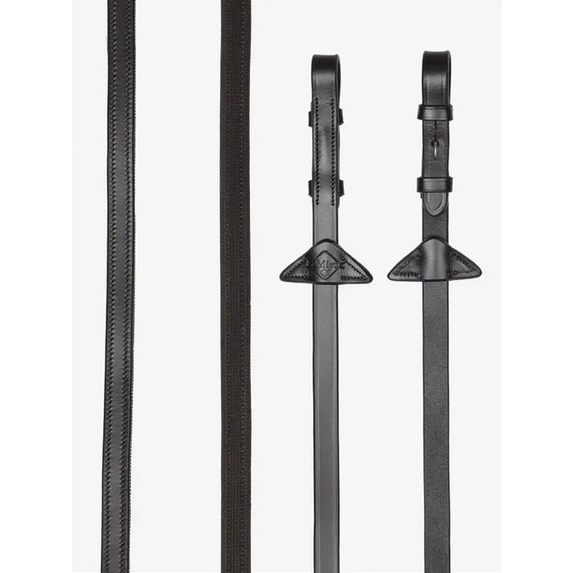 Black leather lemieux rubber half-lined reins brown with stitched edges and triangular silver metal buckles
