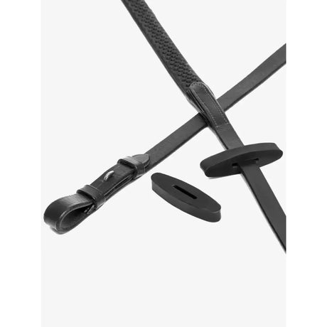 Black leather horse riding girth with textured woven pattern and matching buckles for lemieux rubber rein stoppers black