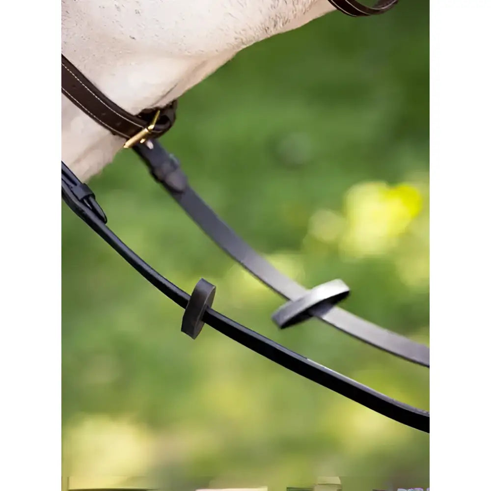 Black leather lemieux rubber rein with brown stitching and brass hardware featuring rein stoppers brown for grip