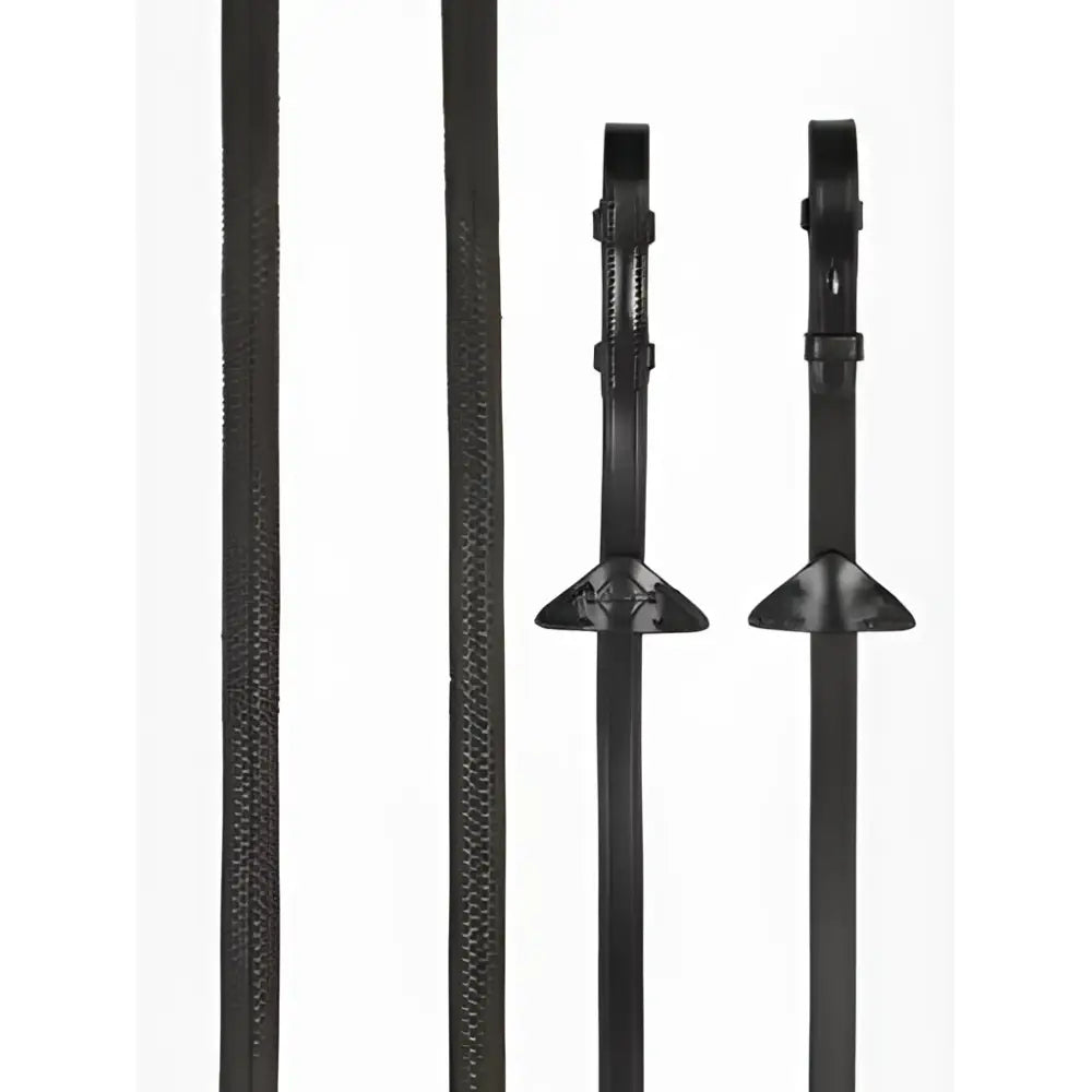 Black leather riding crop with textured grip and metal ferrules paired with lemieux rubber reins brown silver for light grip feel