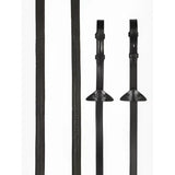 Black leather riding crop with textured grip and metal ferrules paired with lemieux rubber reins brown silver for light grip feel