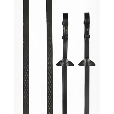 Black leather riding crop with textured grip and metal ferrules paired with lemieux rubber reins brown silver for light grip feel