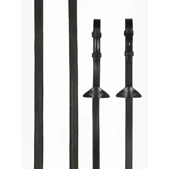 Black leather riding crop with textured grip and metal ferrules paired with lemieux rubber reins brown silver for light grip feel