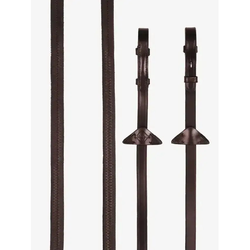Dark brown leather lemieux rubber reins havana silver reins with stitched detailing and metal hardware for light grip feel
