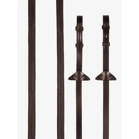 Dark brown leather lemieux rubber reins havana silver reins with stitched detailing and metal hardware for light grip feel