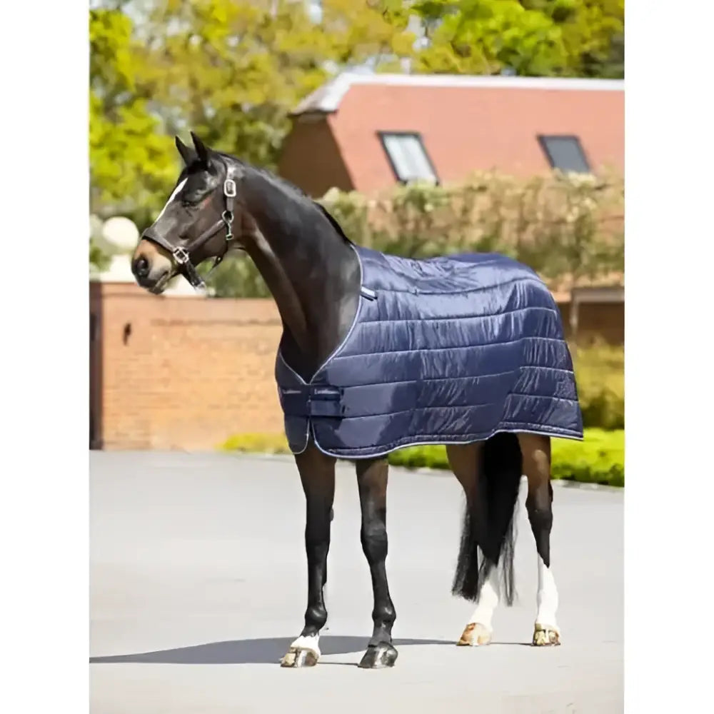 Navy blue quilted lemieux rug liner 100g with reinforced stitching and front strap for lemieux stable rugs use