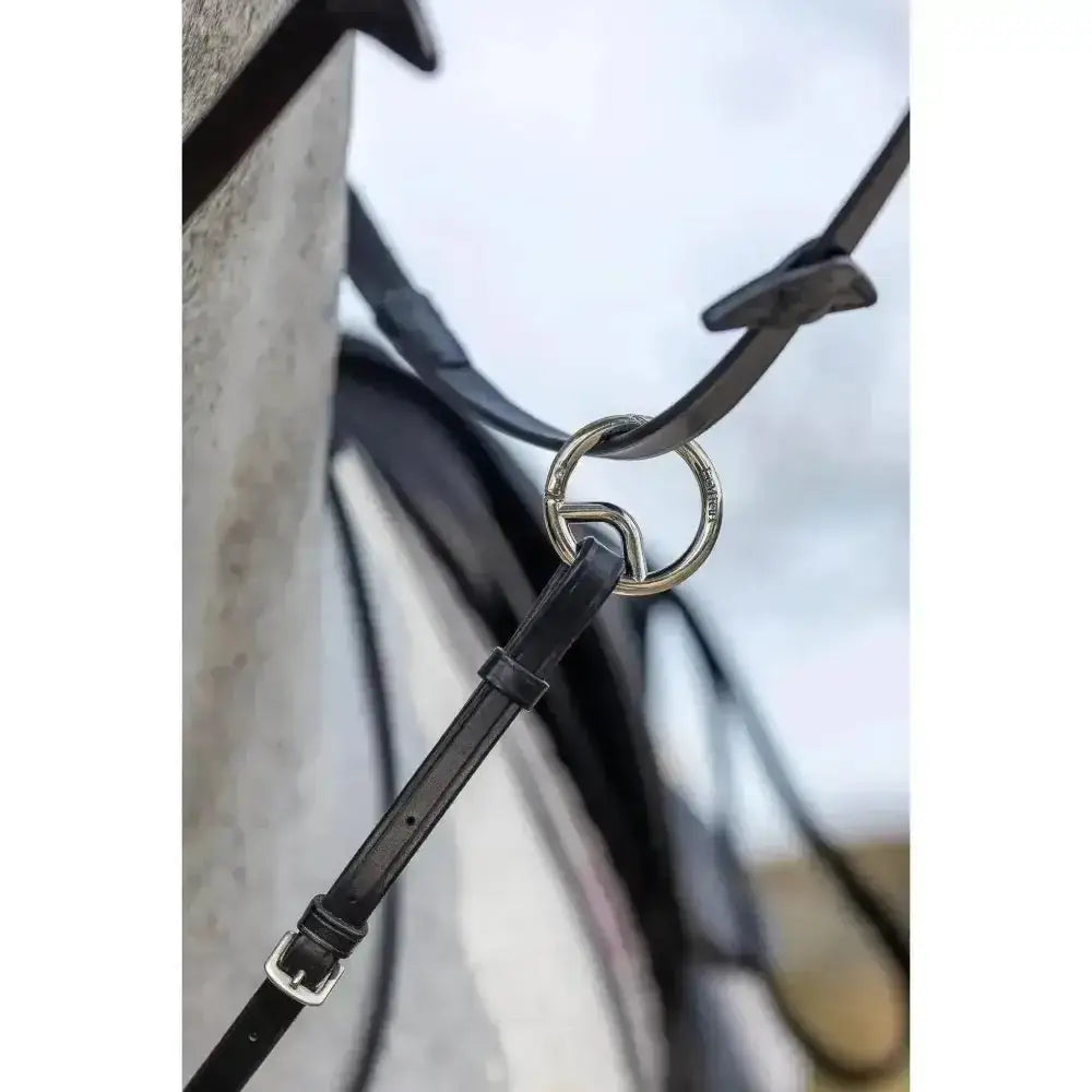 Black leather lemieux running martingale strap with silver metal ring and adjustable neck strap buckle