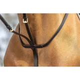Black leather lemieux running martingale with gold buckles and an adjustable neck strap custom designed for horses