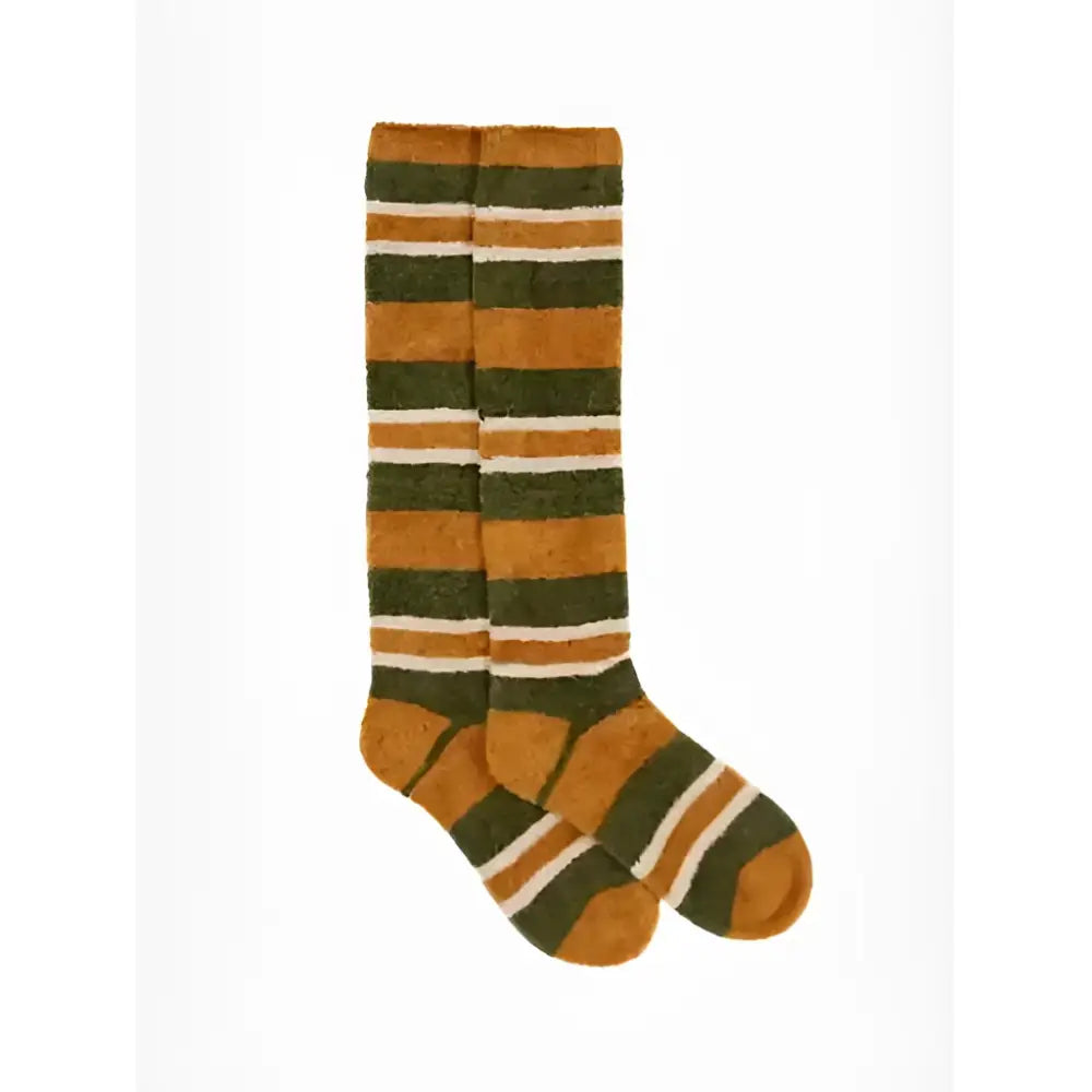 A pair of lemieux sabrina stripe super soft knee-high socks with bold mustard yellow olive green stripes and white accents
