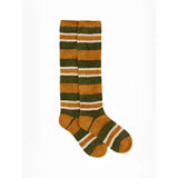 A pair of lemieux sabrina stripe super soft knee-high socks with bold mustard yellow olive green stripes and white accents