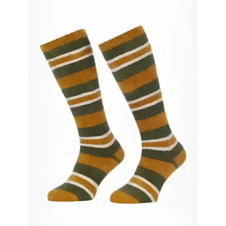 Warm mustard and olive green lemieux sabrina stripe fluffies socks made from super soft plush knit material