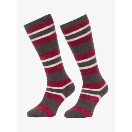 A pair of lemieux sabrina stripe fluffies knee-high socks in deep red dark gray and white to keep your toes toasty
